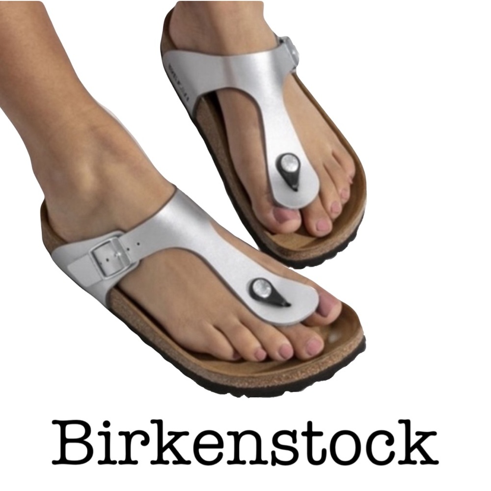 Birkenstock Gizeh Silver Leather Thong Sandals Size 7